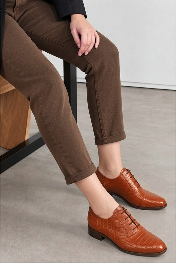 Women's terracotta classic oxfords and derby shoes with round toe and chunky rubber lug sole - Top view